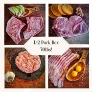 Picture of CJW Regenerative Pork Chops, Boston Butt, Sausage, Bacon with a side of eggs and the title half pork box 70 lbs